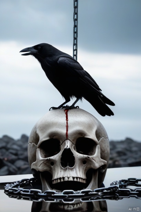 A crow sits on a large skull suspended by chains., realistic dark concept art, apocalyptic art, highly realistic concept art, detailed 4k horror artwork, 4K very detailed なデジタルアート, 4K concept art and Surrealism, stylized fantasy artwork, eerie nostalgic concept art, surreal concept art, blood spurting out, looking up to the sky, world of the dead, reminiscent of death, confusion, red liquid, flying ashes, floating objects, Giant floats, world of the dead, cross tombstones, (photo real: 1.4), shot with Canon 5D MK4, shot with Canon EOS 5D Mark IV, shot with Canon EOA 6d mark ii, very detailed texture, delicate eyes , double eyelids , very detailed , exquisite details , masterpiece , top quality , super detailed , dusty , windy