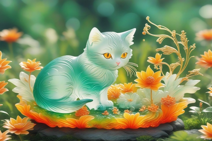 best quality, very good, 16K, ridiculous, Extremely detailed, Lovely(((Cat:1.3))),Made of translucent boiling lava, Background grassland（（A masterpiece full of fantasy elements）））, （（best quality））, （（Intricate details））（8k）