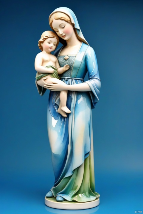 (Masterpiece, best quality: 1.2), art statue, 3D sculpture, ceramic doll of mother and child, watercolor pattern, (8k)