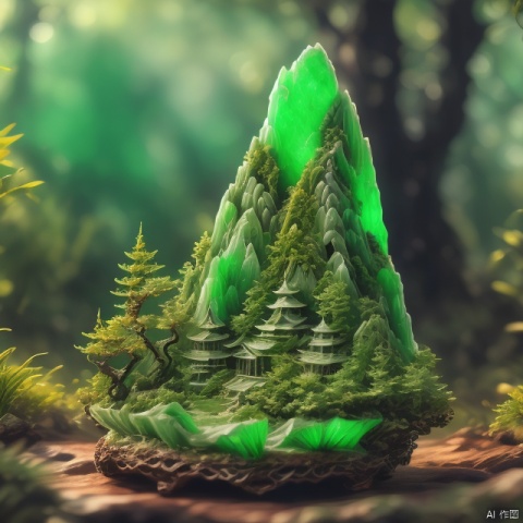 Best quality, Very good, 16K, Ridiculous, Very detailed, Gorgeous pine trees, monks, made of translucent emerald, Background grassland ((Masterpiece full of fantasy elements))), ((Best quality) ), ((Intricate details)) (8K)