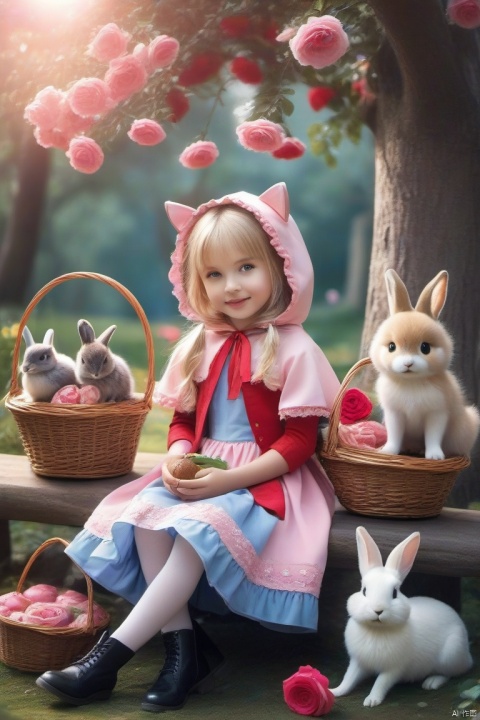 little red riding hood \(grimm\), flower, blonde hair, boots, blue eyes, butterfly, rose, rabbit, bug, pantyhose, pink rose, bird, long hair, sitting, french text, hood, english text, basket, wolf, multiple girls, tree, 1girl, smile, dress, food, pink flower, colors