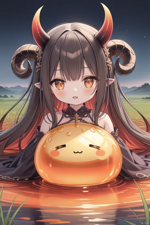 Best quality, very good, 16 thousand, ridiculous, extremely detailed, cute round slime demon with horns made of translucent boiling lava, background grassland ((masterpiece full of fantasy elements))), ((most good quality)), ((intricate details)) (8k),