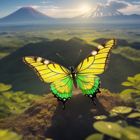 Best quality, very good, 16 thousand, ridiculous, extremely detailed, gorgeous butterfly made of translucent emerald, volcano in the background ((masterpiece full of fantasy elements))), ((best quality)) , ((Intricate details)) (8k),针织玩偶,小萝利