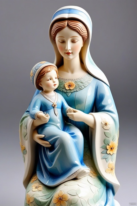 (Masterpiece, best quality: 1.2), art statue, 3D sculpture, ceramic doll of mother and child, watercolor pattern, (8k)