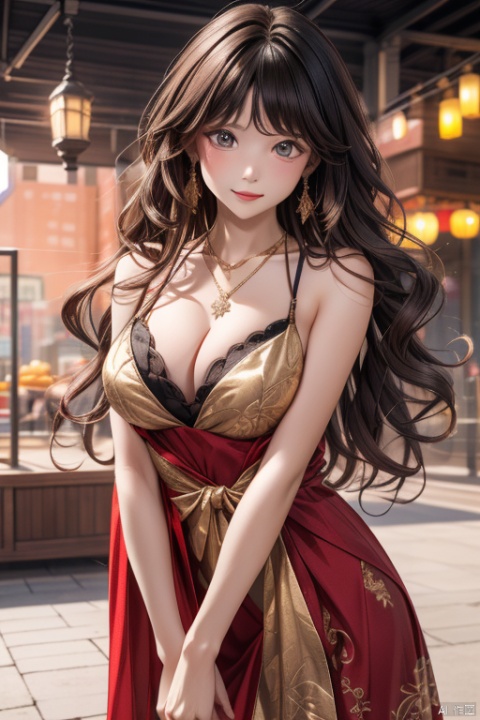 wavy hair wavy hair,Eyes are very delicate,,necklace,Oily and shiny skin,red and gold maxi dress、（（best quality））, （（intricate details））, （（Surrealism））（8k）