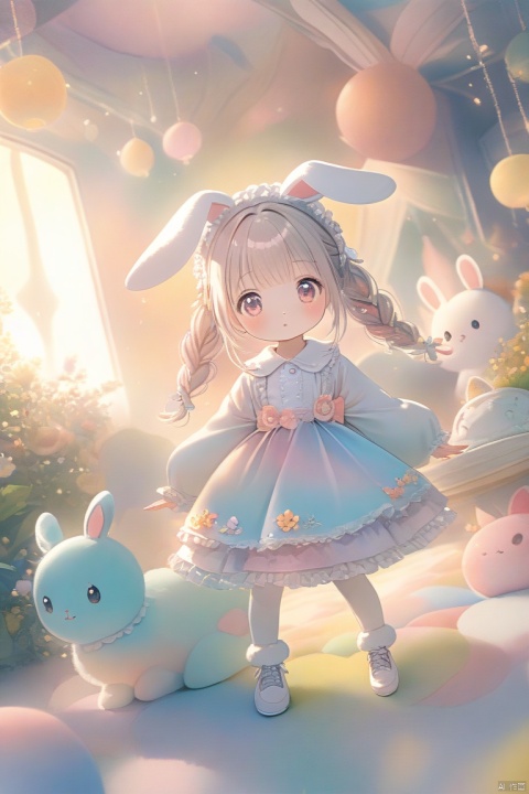 A woman wearing a fluffy bunny costume and big bunny ears, full body shot, wide angle, cute and childlike expression, professional portrait, ultra-fine 8K, high resolution, detailed facial features, detailed clothing, soft lighting, whimsical, fantasy, pastel colors, cute, loli