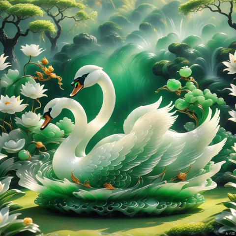 best quality, very good, 16K, ridiculous, Extremely detailed, Lovely(((swan:1.3))),Made of transparent jade, Background grassland（（A masterpiece full of fantasy elements）））, （（best quality））, （（Intricate details））（8k）