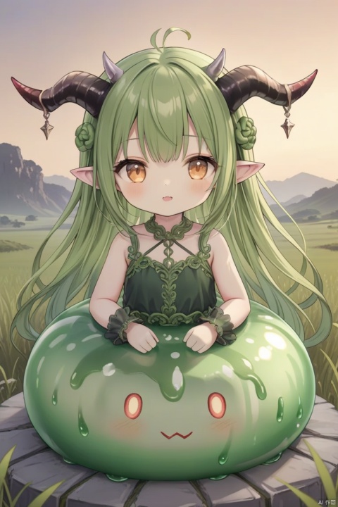 Best quality, very good, 16 thousand, ridiculous, extremely detailed, cute round slime demon with horns made of translucent boiling lava, background grassland ((masterpiece full of fantasy elements))), ((most good quality)), ((intricate details)) (8k),妖精,goblin, loli