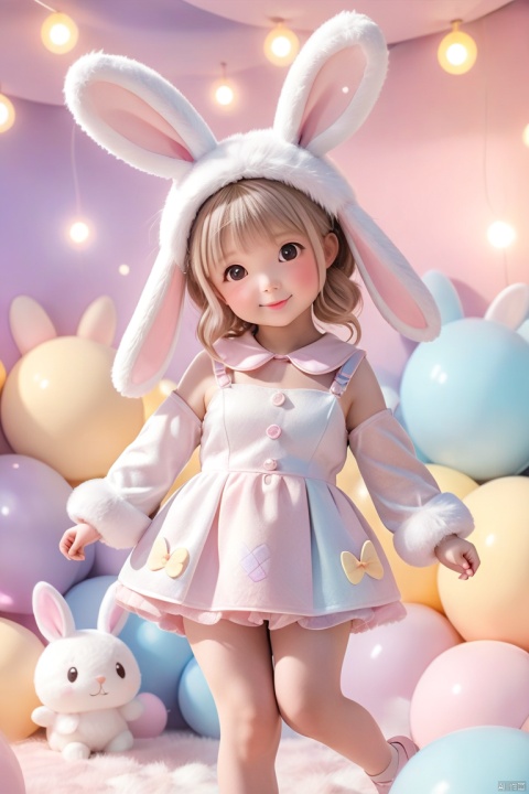 A woman wearing a fluffy bunny costume and big bunny ears, full body shot, wide angle, cute and childlike expression, professional portrait, ultra-fine 8K, high resolution, detailed facial features, detailed clothing, soft lighting, whimsical, fantasy, pastel colors, cute
