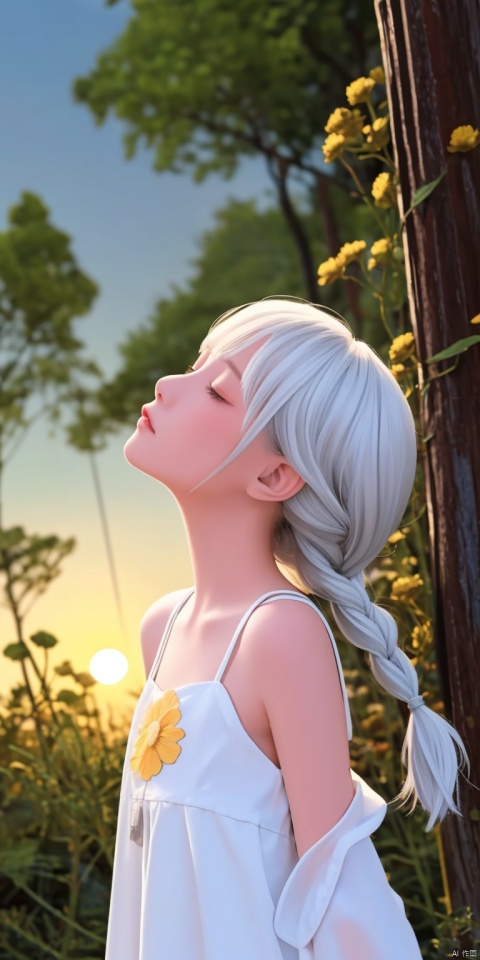 (masterpiece),(best quality),illustration,ultra detailed,hdr,Depth of field,(colorful),loli,yellow theme,the setting sun,Chamomile,Chamomile,cornflower,vines,forest,ruins,lens flare,hdr,Tyndall effect,damp,wet,1girl,bare shoulders,broken glass,broken wall,white hair,white dress,closed mouth,constel lation,flat color,braid,blinking,white robe,float,closed mouth,constel lation,flat color,looking up,standing,medium hair,standing,solo, , , , ,