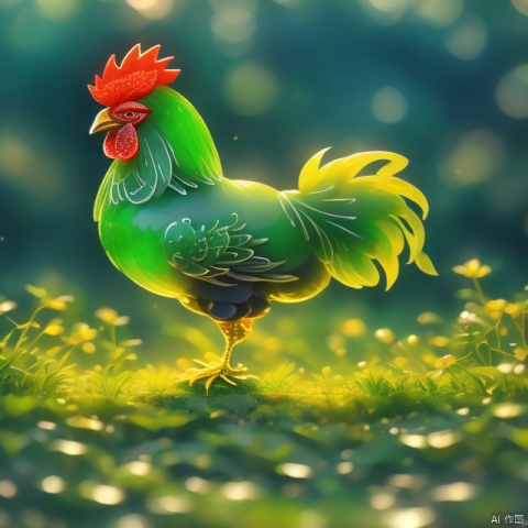 Best quality, Very good, 16K, Ridiculous, Very detailed, Beautiful rooster made of translucent emerald, Background grassland ((Masterpiece full of fantasy elements))), ((Best quality)), ((Intricate Details)) (8K) (HD)