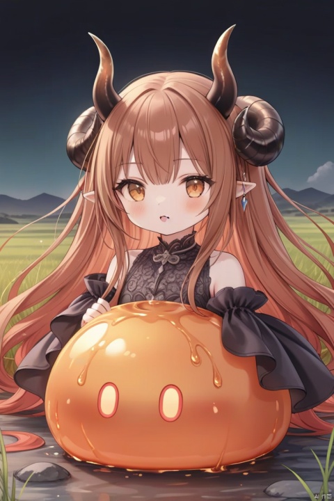 Best quality, very good, 16 thousand, ridiculous, extremely detailed, cute round slime demon with horns made of translucent boiling lava, background grassland ((masterpiece full of fantasy elements))), ((most good quality)), ((intricate details)) (8k),