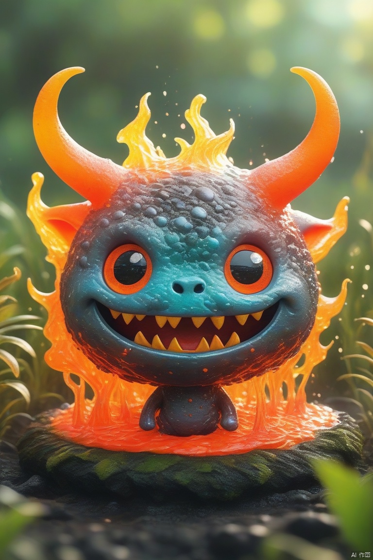  Best quality, very good, 16 thousand, ridiculous, extremely detailed, cute round slime demon with horns made of translucent boiling lava, background grassland ((masterpiece full of fantasy elements))), ((most good quality)), ((intricate details)) (8k)