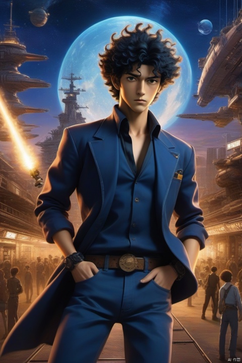 (Masterpiece, Professional Work), Cowboy Shooting, Spike Spiegel, Male Space Cowboy, Dessert with Space Battleship as Background, Cowboy Hat, Centered, Dynamic Poses, Anime Style, Key Points, Dynamic Lighting, Hyper Detailed, Intricate , (epic creation, epic proportions), 2d illustration, thrilling, panoramic, cinematic, (Cowboy Bebop Style:1.2), 1girl