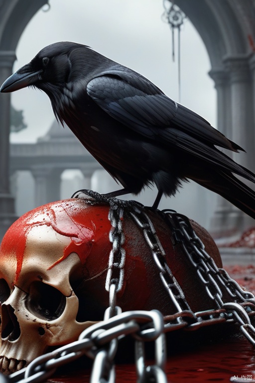  A crow sits on a large skull suspended by chains., realistic dark concept art, apocalyptic art, highly realistic concept art, detailed 4k horror artwork, 4K very detailed なデジタルアート, 4K concept art and Surrealism, stylized fantasy artwork, eerie nostalgic concept art, surreal concept art, blood spurting out, looking up to the sky, world of the dead, reminiscent of death, confusion, red liquid, flying ashes, floating objects, Giant floats, world of the dead, cross tombstones, (photo real: 1.4), shot with Canon 5D MK4, shot with Canon EOS 5D Mark IV, shot with Canon EOA 6d mark ii, very detailed texture, delicate eyes , double eyelids , very detailed , exquisite details , masterpiece , top quality , super detailed , dusty , windy