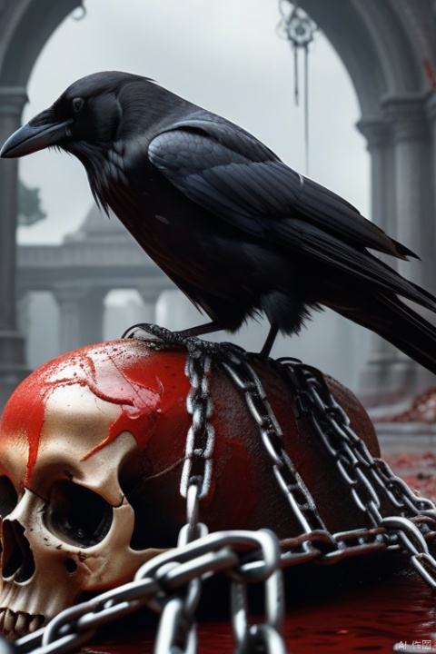 A crow sits on a large skull suspended by chains., realistic dark concept art, apocalyptic art, highly realistic concept art, detailed 4k horror artwork, 4K very detailed なデジタルアート, 4K concept art and Surrealism, stylized fantasy artwork, eerie nostalgic concept art, surreal concept art, blood spurting out, looking up to the sky, world of the dead, reminiscent of death, confusion, red liquid, flying ashes, floating objects, Giant floats, world of the dead, cross tombstones, (photo real: 1.4), shot with Canon 5D MK4, shot with Canon EOS 5D Mark IV, shot with Canon EOA 6d mark ii, very detailed texture, delicate eyes , double eyelids , very detailed , exquisite details , masterpiece , top quality , super detailed , dusty , windy