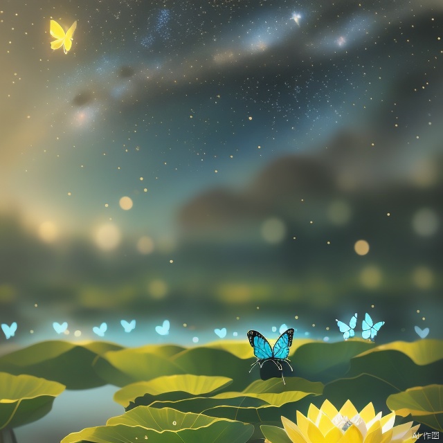 Dunhuang art style illustration, many blue butterflies with auspicious clouds around the design, transparent diamond wings, gorgeous, (blue butterflies shining with starlight: 1.36) flying over the lotus pond, extremely delicate brushstrokes, soft and smooth, Chinese red and indigo, gold background