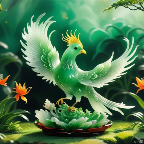Best Quality, Very Good, 16K, Ridiculous, Very Detailed, Gorgeous Transparent Jade Firebird, Background Grassland ((Masterpiece Full of Fantasy Elements))), ((Best Quality)), ((Intricate Details) )(8K)