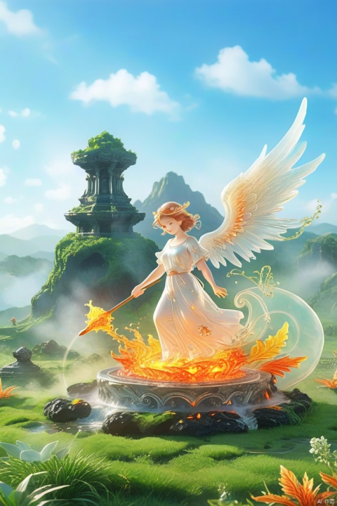 Best quality, very good, 16 thousand, ridiculous, extremely detailed, lovely (((Angel:1.3))), made of translucent boiling lava, with grassland in the background ((a masterpiece full of fantasy elements))) , ((Best quality)), ((Intricate details)) (8k)
