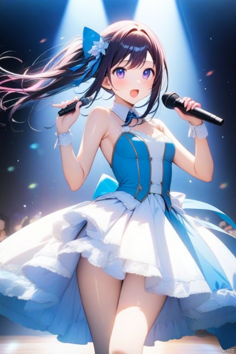Magazine cover, masterpiece), (gleaming, ultra-sharp, 1 girl, Hoshino Ai, (exquisite and detailed facial features: 1), HD quality, ultra-clear resolution, movie quality, a cute girl wearing stage Costume, on stage, singing and dancing with microphone, spotlight shining on body (8k)