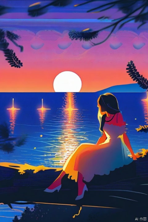 Romantic Aegean Sea, (French Riviera: 1.3), night, backlight, (1 couple sitting on a tree branch, French Riviera: 1.4), with a big full moon behind, Alexandria, repetition, fresh colors, pastel colors, diode lights, conceptual art style, extremely intricate details, clear distinction between light and dark, layered, ultra high definition