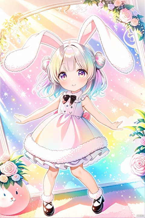 A woman wearing a fluffy bunny costume and big bunny ears, full body shot, wide angle, cute and childlike expression, professional portrait, ultra-fine 8K, high resolution, detailed facial features, detailed clothing, soft lighting, whimsical, fantasy, pastel colors, cute, loli