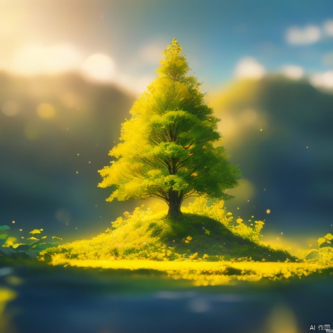 Best quality, very good, 16 thousand, ridiculous, extremely detailed, gorgeous big tree made of translucent emerald, background grassland ((masterpiece full of fantasy elements))), ((best quality) ), ((Intricate details)) (8k),针织玩偶