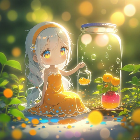 (masterpiece), (best quality), illustration, ultra detailed, hdr, Depth of field, (colorful), loli,(flowers background:1.45),(transparent background:1.3)(an extremely delicate and beautiful girl inside of glass jar:1.2), (glass jar:1.35),(solo:1.2), (full body), (beautiful detailed eyes, beautiful detailed face:1.3), (sitting ), (very long silky hair, float white hair:1.15), (medium_breasts, tally and skinny:1.2), (Colorful dress:1.3), (extremely detailed lace:0.3), (insanely detailed frills:0.3),(hairband , orange hair_ornament:1.25),orange cans,water surface,full body,(bottle filled with orange water,bottle filled with Fanta:1.25), (many fruits in jar, many Sliced_fruits in jar:1.25), (many bubbles:1.25),