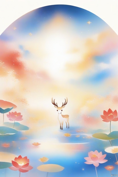 Dunhuang art style illustration,a magnificent nine-colored deer surrounded by auspicious clouds ,（The deer was shining with stars：1.36） Standing in the lotus pond ,extremely delicate brushstrokes, soft and smooth, China red and indigo, golden background