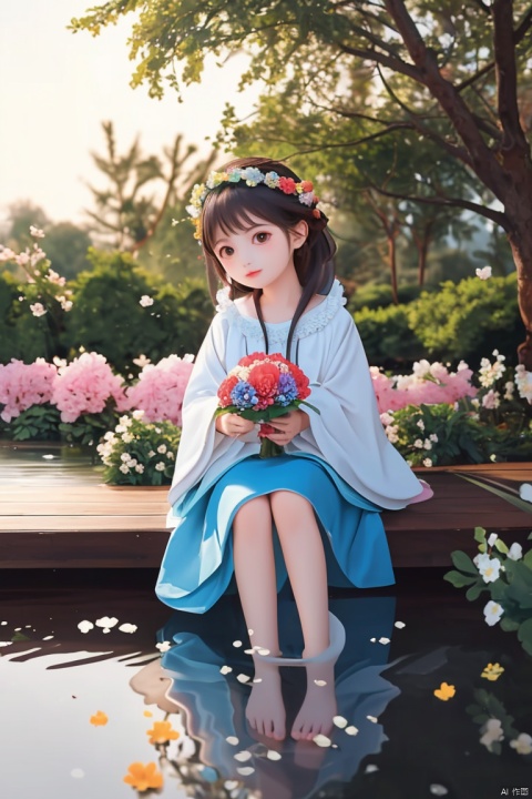  (masterpiece), (best quality), illustration, ultra detailed, hdr, Depth of field, (colorful), loli,a cute, solo, siting against a giant tree, water_side, full of colorful flowers,barefoot,holding wreath,