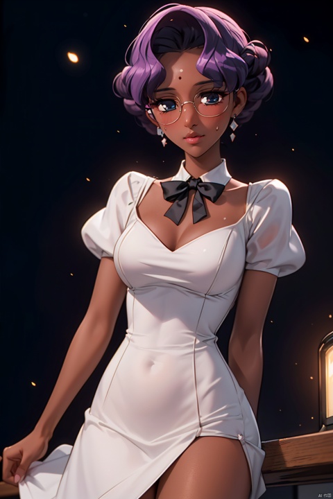 (masterpiece, best quality:1.2),Mafia background super detailed, 1 girl with a gun, alone,Exquisite hair color,short hair,( Wear conservative dress, black tie:1.2)Get a pistol, ,glowing skin,A lot of sweat(  very dark skin 1.2),wear glasses,earrings（（（nervous expression）））blush,mysterious atmosphere,pink lips