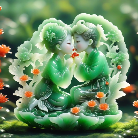 best quality, very good, 16K, ridiculous, Extremely detailed, Lovely(((Boy and girl kissing,lover:1.3))),Made of translucent jadeite, Background grassland（（A masterpiece full of fantasy elements）））, （（best quality））, （（Intricate details））（8k）