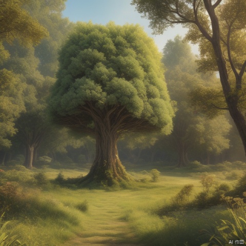 Best quality, very good, 16 thousand, ridiculous, extremely detailed, gorgeous big tree made of translucent emerald, background grassland ((masterpiece full of fantasy elements))), ((best quality) ), ((Intricate details)) (8k)