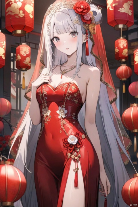 very long hair,（（（Eyes are very delicate）））（（（hair accessories）））（（（veil）））,necklace,Misako wears a red transparent sexy silk dress, ((skin glowing))The room is filled with Chinese New Year decorations（（（masterpiece）））, （（best quality））, （（intricate details））, （（Surreal））（8k）