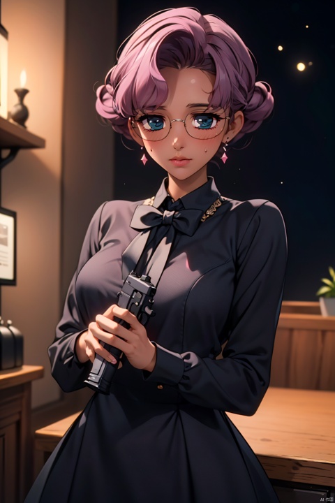 (masterpiece, best quality:1.2),Mafia background super detailed, 1 girl with a gun, alone,Exquisite hair color,short hair,( Wear conservative dress, black tie:1.2)Get a pistol, ,glowing skin,A lot of sweat(  very dark skin 1.2),wear glasses,earrings（（（nervous expression）））blush,mysterious atmosphere,pink lips