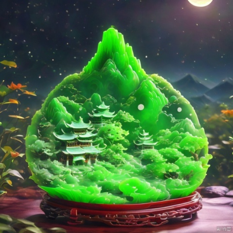 Best quality, very good, 16 thousand, ridiculous, extremely detailed, Jingyesi, looking at the moonlight in front of the bed, suspected to be frost on the ground. Looking up at the mountains and the moon, looking down at my hometown, author; Li Bai, made of translucent jade, background grassland ((a masterpiece full of fantasy elements))), ((the best quality)), ((complex details) )(8k),针织玩偶