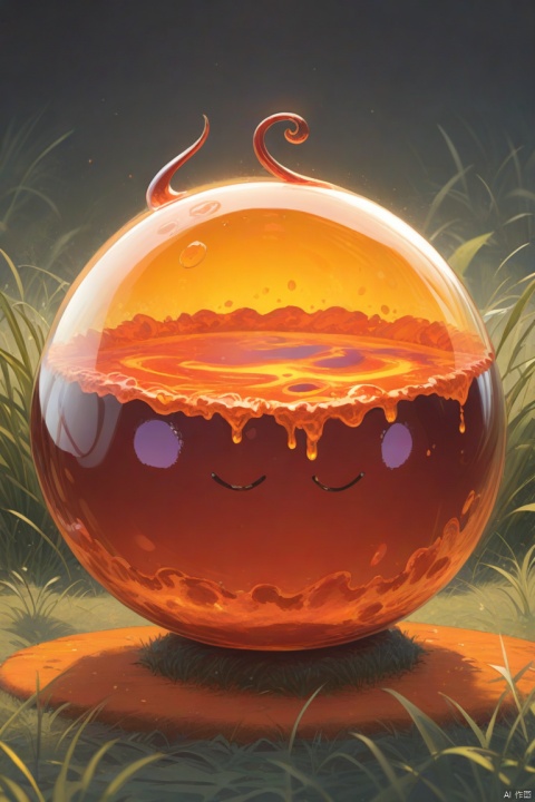 Best quality, very good, 16 thousand, ridiculous, extremely detailed, cute round slime demon with horns made of translucent boiling lava, background grassland ((masterpiece full of fantasy elements))), ((most good quality)), ((intricate details)) (8k)