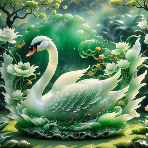 best quality, very good, 16K, ridiculous, Extremely detailed, Lovely(((swan:1.3))),Made of transparent jade, Background grassland（（A masterpiece full of fantasy elements）））, （（best quality））, （（Intricate details））（8k）