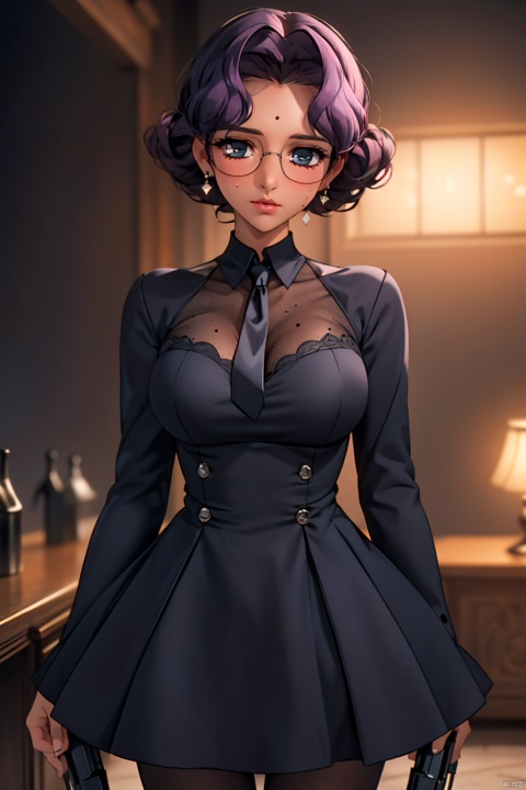 (masterpiece, best quality:1.2),Mafia background super detailed, 1 girl with a gun, alone,Exquisite hair color,short hair,( Wear conservative dress, black tie:1.2)Get a pistol, ,glowing skin,A lot of sweat(  very dark skin 1.2),wear glasses,earrings（（（nervous expression）））blush,mysterious atmosphere,pink lips