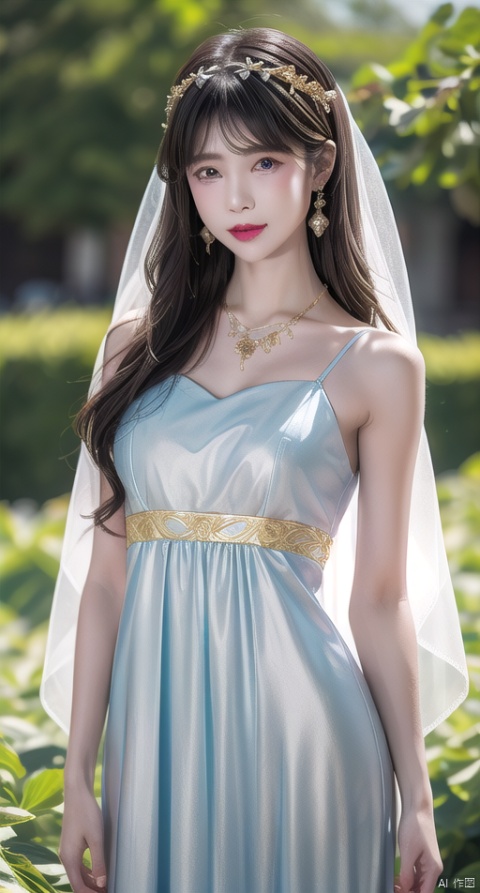 wavy hair wavy hair,Eyes are very delicate,,necklace,（（（hair accessories）））（（（veil）））Oily and shiny skin,blue and gold maxi dress、（（best quality））, （（intricate details））, （（Surrealism））（8k）