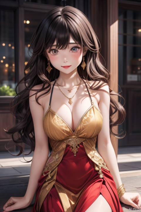 wavy hair wavy hair,Eyes are very delicate,,necklace,Oily and shiny skin,red and gold maxi dress、（（best quality））, （（intricate details））, （（Surrealism））（8k）