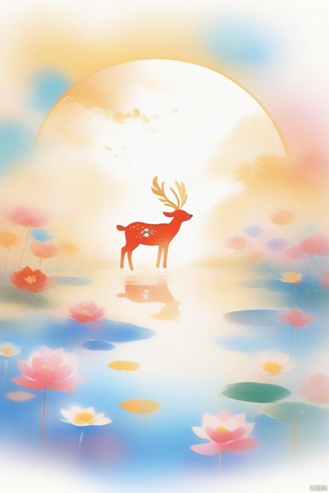 Dunhuang art style illustration,a magnificent nine-colored deer surrounded by auspicious clouds ,（The deer was shining with stars：1.36） Standing in the lotus pond ,extremely delicate brushstrokes, soft and smooth, China red and indigo, golden background