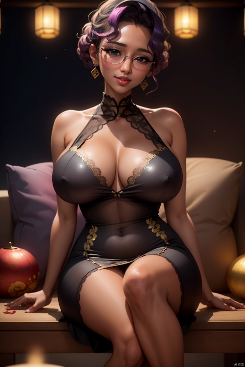 (masterpiece, best quality:1.2),1 girl, alone,Exquisite hair color,short hair,( Wearing a black and gold sheer lace dress:1.2),High heel,glowing skin,a lot of sweat(  Very dark skin 1.2),wear glasses,earrings（（（excited expression）））blush,Chinese new year decoration,Festive tones,超big breasts,big breasts,large breast size,big breasts, Breasts are large and sagging,Nipple protrusion,pink areola,pink lips,天上院桂,姬宫安希