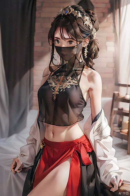 1 girl, navel, alone, actual, diaphragm, bare shoulders, sitting, hair accessories, black hair, jewelry, curtain, brown hair, open lips, skirt, red skirt, looking at the audience, （（veil））cowboy shooting, juemei