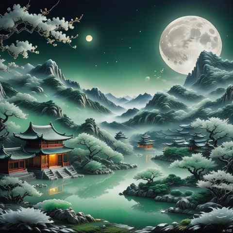 Best quality, very good, 16 thousand, ridiculous, extremely detailed, Jingyesi, looking at the moonlight in front of the bed, suspected to be frost on the ground. Looking up at the mountains and the moon, looking down at my hometown, author; Li Bai, made of translucent jade, background grassland ((a masterpiece full of fantasy elements))), ((the best quality)), ((complex details) )(8k)