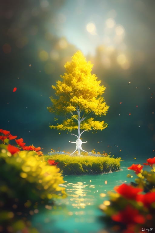 A white glowing tree in the middle of a field of red flowers, on an island floating on the water, with two people in robes standing next to it, black background, 3d rendering, Unreal Engine 5, cinematic footage, low angle shot, fantasy style , Volumetric Lighting, Surreal, Extremely Detailed, Terracotta Warriors