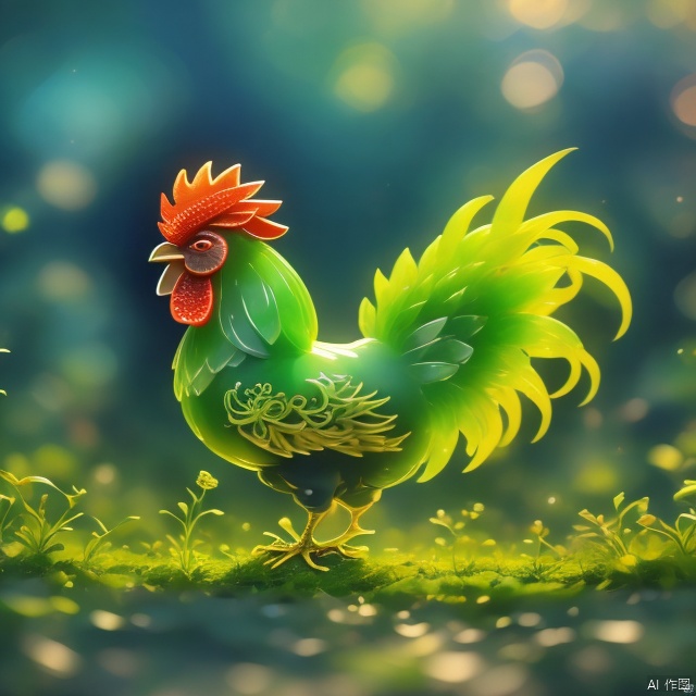 Best quality, Very good, 16K, Ridiculous, Very detailed, Beautiful rooster made of translucent emerald, Background grassland ((Masterpiece full of fantasy elements))), ((Best quality)), ((Intricate Details)) (8K) (HD)