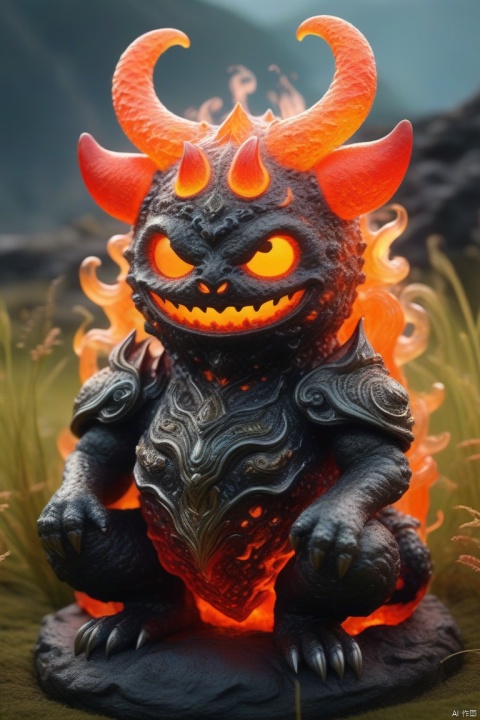 Best quality, very good, 16 thousand, ridiculous, extremely detailed, cute round slime demon with horns made of translucent boiling lava, background grassland ((masterpiece full of fantasy elements))), ((most good quality)), ((intricate details)) (8k)