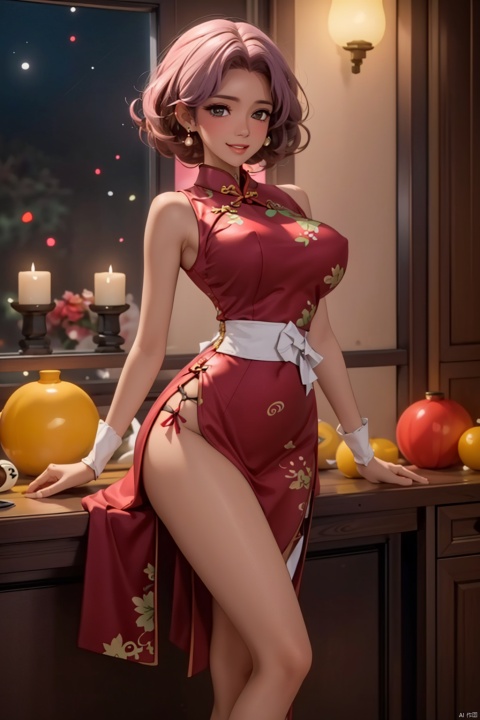 (masterpiece, best quality:1.2),1 girl, alone,Exquisite hair color,short hair,( Wearing a high-cut sexy cheongsam:1.2),High heel,glowing skin,a lot of sweat( Very dark skin 1.2),wear glasses,earrings（（（excited expression）））blush,Chinese new year decoration,Festive tones,超big breasts,big breasts,large breast size,big breasts, Breasts are large and sagging,Nipple protrusion,pink areola,pink lips