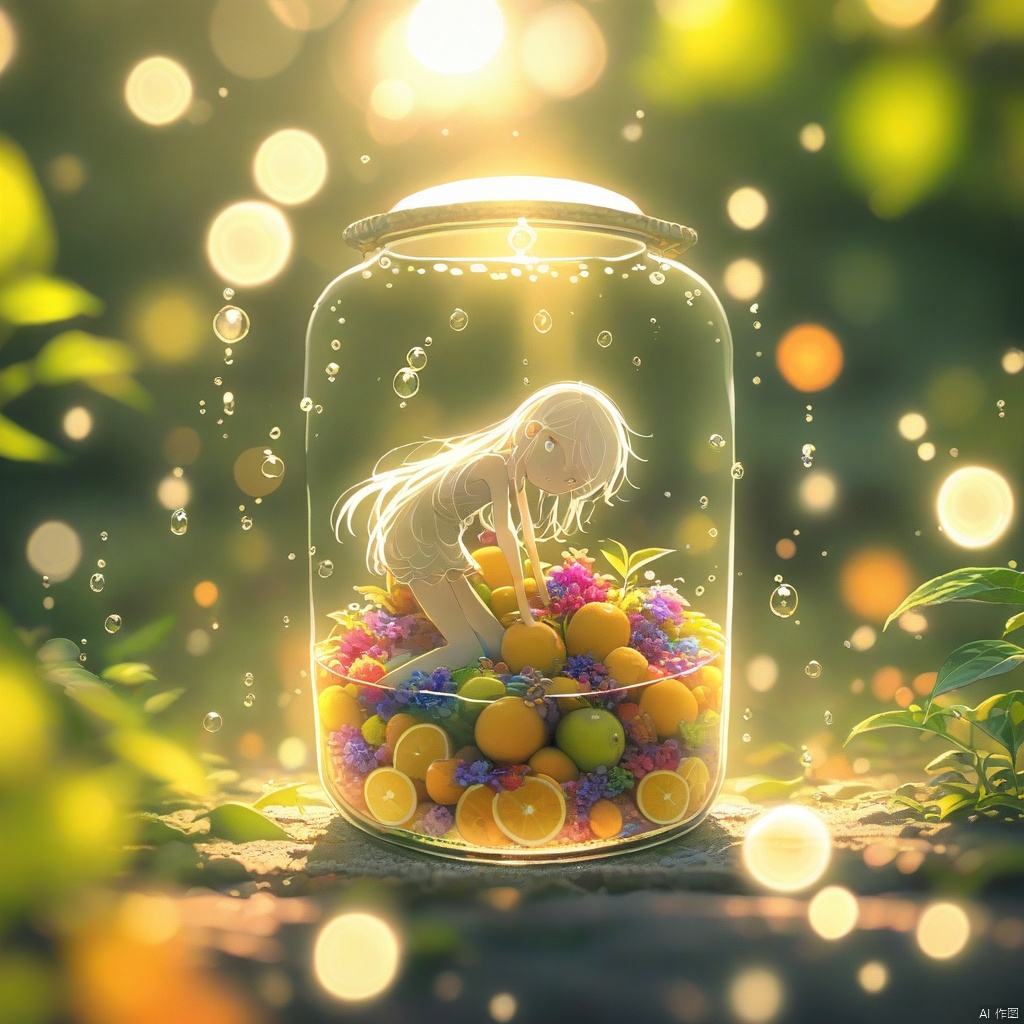 (masterpiece), (best quality), illustration, ultra detailed, hdr, Depth of field, (colorful), loli,(flowers background:1.45),(transparent background:1.3)(an extremely delicate and beautiful girl inside of glass jar:1.2), (glass jar:1.35),(solo:1.2), (full body), (beautiful detailed eyes, beautiful detailed face:1.3), (sitting ), (very long silky hair, float white hair:1.15), (medium_breasts, tally and skinny:1.2), (Colorful dress:1.3), (extremely detailed lace:0.3), (insanely detailed frills:0.3),(hairband , orange hair_ornament:1.25),orange cans,water surface,full body,(bottle filled with orange water,bottle filled with Fanta:1.25), (many fruits in jar, many Sliced_fruits in jar:1.25), (many bubbles:1.25),